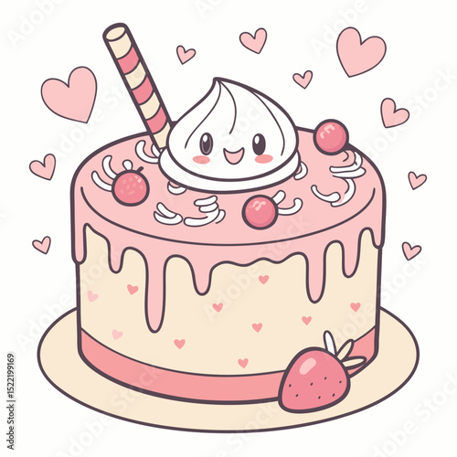 Kawaii Strawberry Cake with Marshmallow Topping and Striped Straw