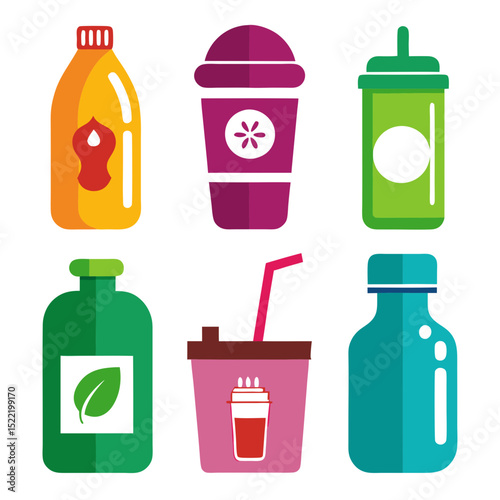 Variety of vibrant beverage containers displayed on a white background