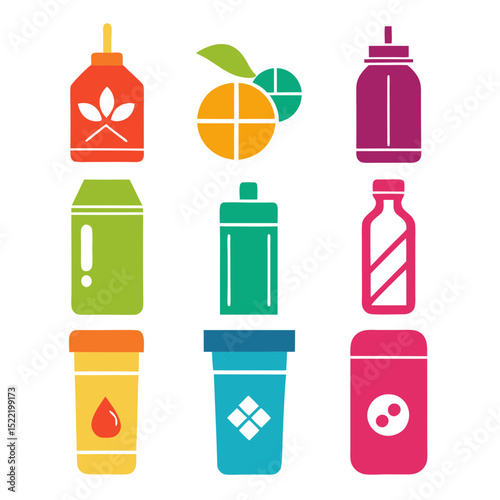 Colorful geometric style beverage and liquid container icons
