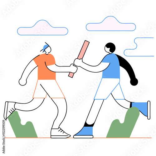 Minimal and dynamic vector of two runners in a relay race captured during a baton handoff. Clean style illustrating motion, competition, and teamwork. 