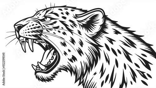 Fierce Black and White Leopard Head Roaring Aggressively