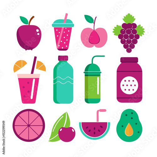 Flat design of fruits and juice isolated on white
