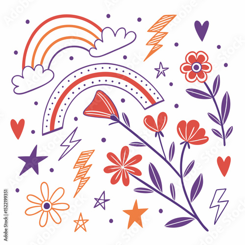 Colorful Abstract Design with Flowers, Rainbows, and Clouds