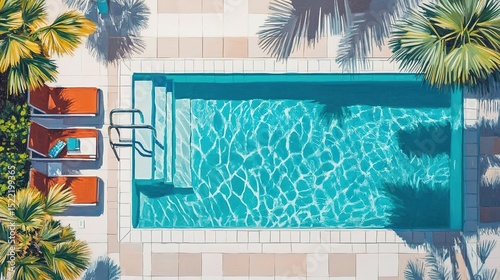 Aerial view of a swimming pool surrounded by palm trees and patio furniture