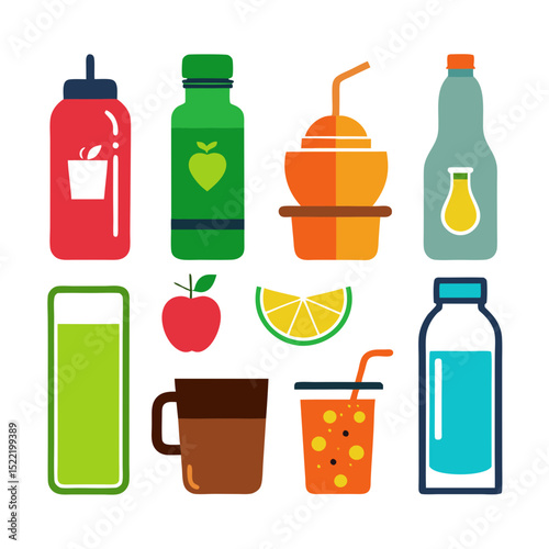 Variety of colorful fruit drinks illustration with fresh ingredients