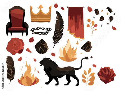 Royal Fantasy Sticker Set – Medieval Lion, Crown, Fire and Throne Vector Clipart