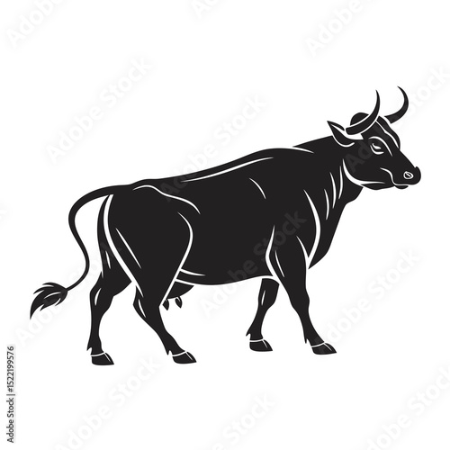 Stylized Black Silhouette of a Bull Walking Sideways