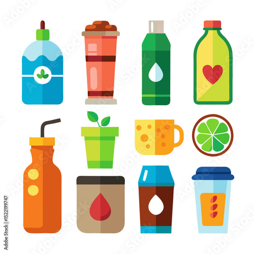 Variety of colorful bottles cups and containers arranged neatly