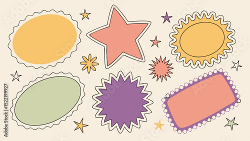 Retro Style Shapes and Stars with Black Outlines on Beige Background