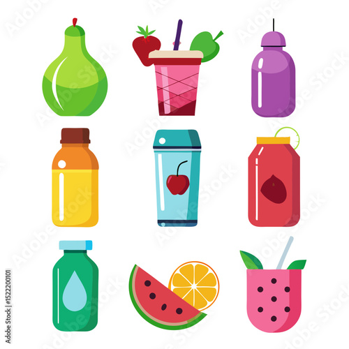 Colorful fruit smoothie and juice drink collection illustration