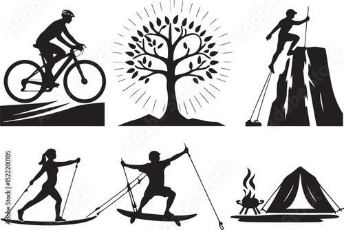 Adventure Lifestyle Icon Pack – Yoga Poses, Mountains, Biking, Surfing, Hiking

