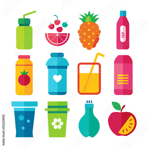Assorted colorful fruit juices and smoothies flat illustration style