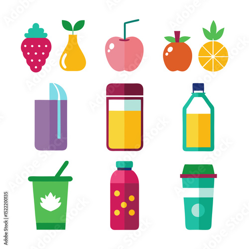 Colorful and flat icons representing fruits and various drinks