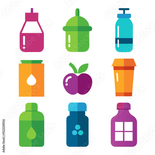 Colorful flat lay illustration of beverages, bottles, and fruit