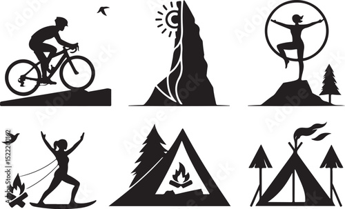 Adventure Lifestyle Icon Pack – Yoga Poses, Mountains, Biking, Surfing, Hiking

