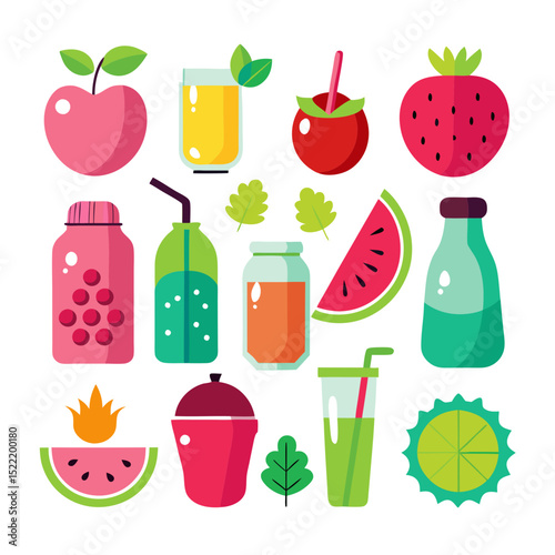 Colorful flat lay of summer fruits and drink elements