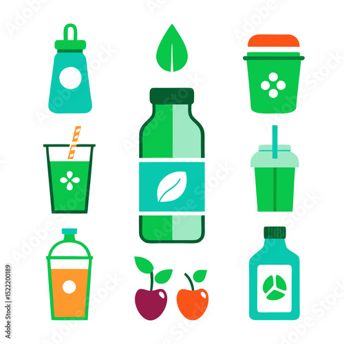 Set of flat design beverages and fruits illustration