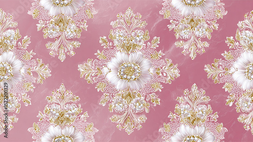 Baroque Style White and Gold Floral Pattern with Pearls on Transparent Background

