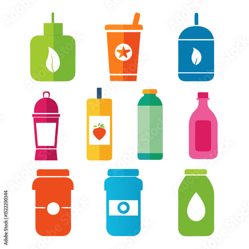 Collection of stylized bottles and containers on white background