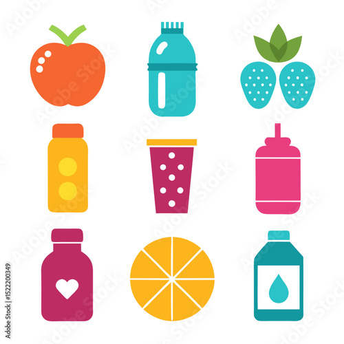 Colorful flat vector icons of fruits and drinks set