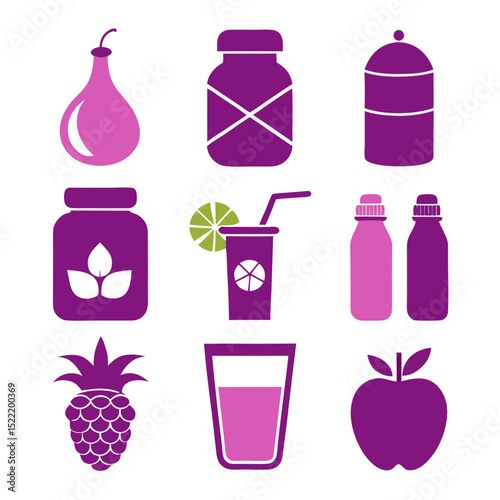 Assorted purple containers and fruit icons for organic juice