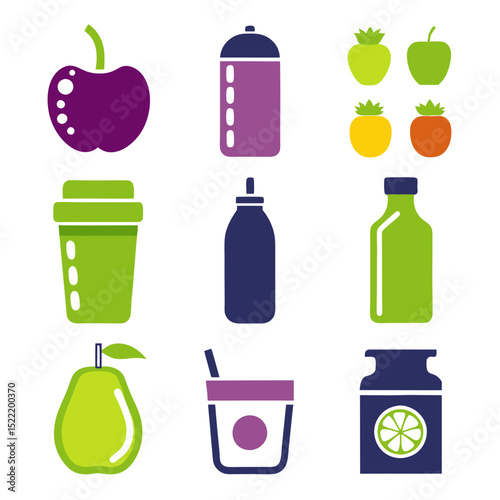 Colorful flat design icons of fruits and beverage containers