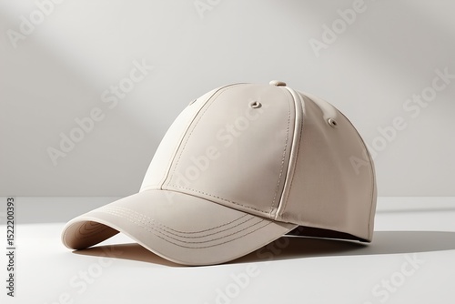 A beige baseball cap rests on a white background, bathed in soft light