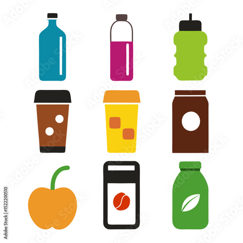Vector illustration of various colorful beverage containers in simple style