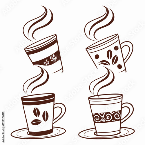 Stylized Coffee Cups with Steam and Decorative Designs, Brown Outline