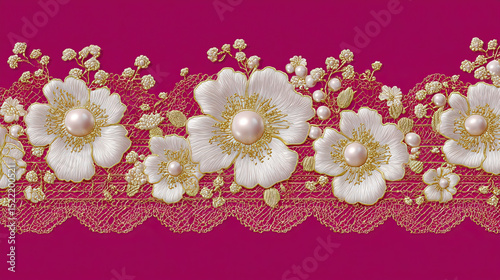 Baroque Style Floral Pattern with Pearls on Transparent Background

