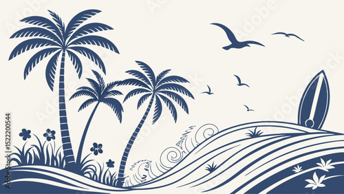 Tropical Island Scene with Palm Trees and Waves
