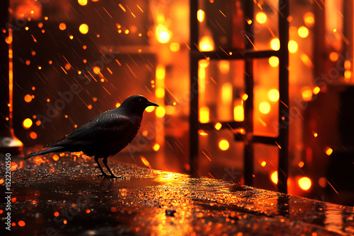 A rain soaked refinery road with a bird carefully navigating a damp metal surface tiny water droplets clinging