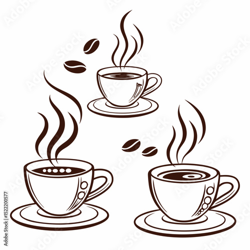Three steaming cups of coffee with coffee beans
