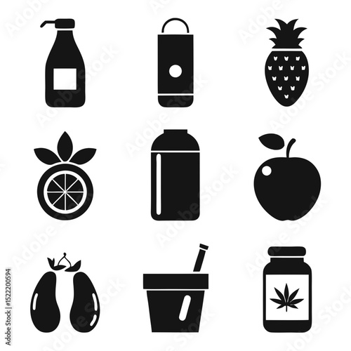 Black silhouette food and cosmetics icons on a white background