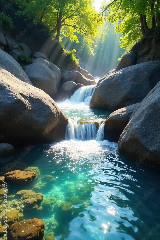 Naklejka premium Crystal-clear water cascading over smooth rocks, sunlight illuminating its purity A tranquil scene of natural beauty, perfect for relaxation and wellness themes , vibrant, natural, mountain
