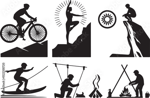 Silhouette Vector Bundle of Nature Activities – Yoga, Camping, Biking, Rock Climbing