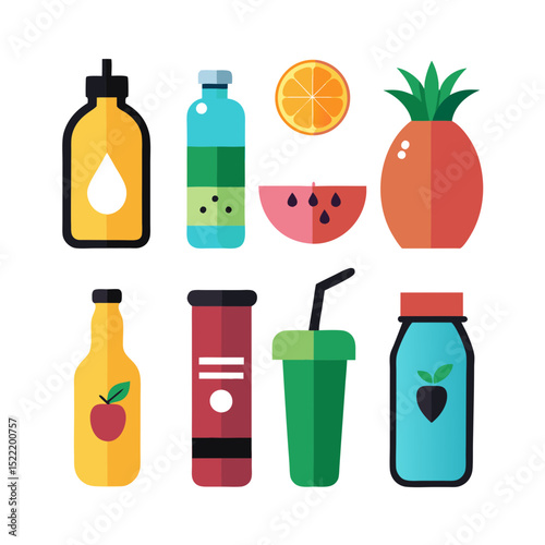 Colorful flat vector illustration of various juice beverages