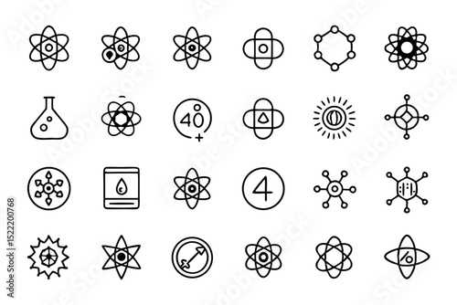 High quality line icon set depicting atom molecules and microscopic elements for scientific or educational use