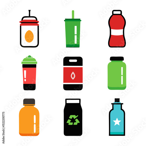 Flat illustration of various drink container icons on white