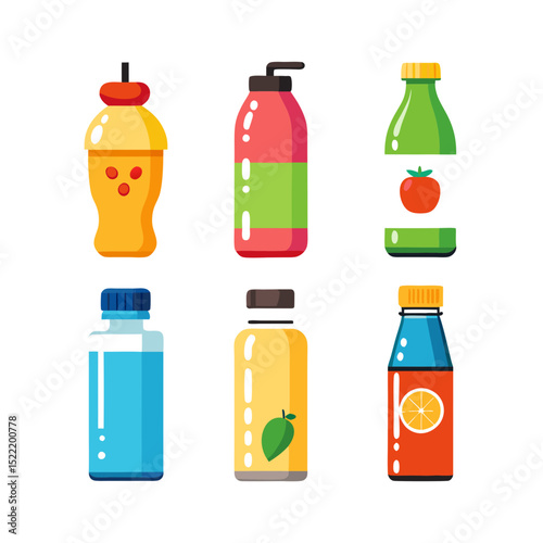 Colorful flat design bottled beverages collection vector illustration set