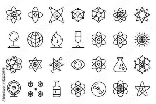 High quality line icons depicting atom molecules and microscopic elements for scientific designs