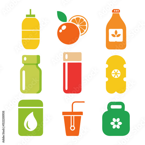 Colorful set of bottle icons on white background
