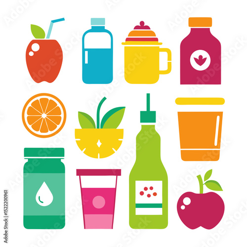 Colorful vector illustration of assorted beverages and fruit containers
