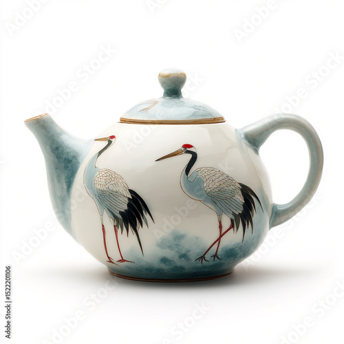 A solitary watercolor hand-painted porcelain teapot with cranes