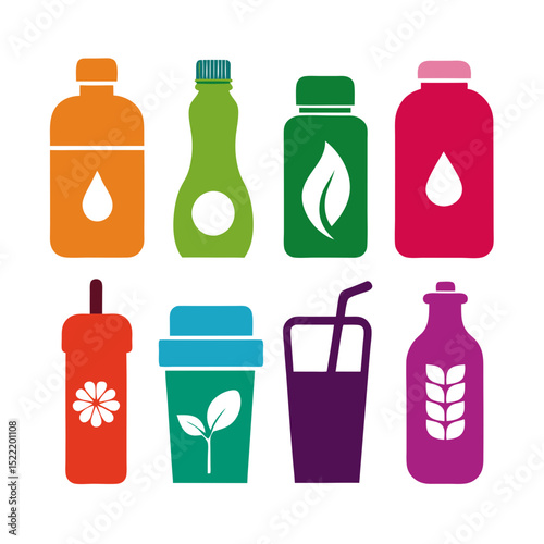 Colorful graphic of assortment of beverage bottles and container