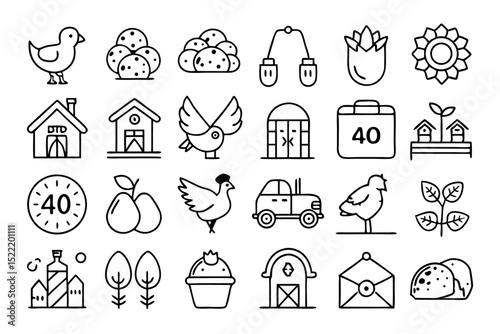 A collection of line icons depicting chicken farm life roosters eggs and more