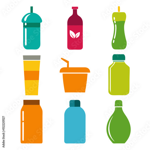 Colorful beverage containers with lids and bottles on white