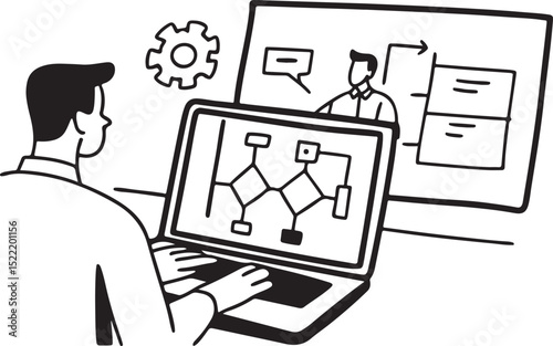 Cartoon businessman working on a laptop at his office desk, a vector illustration for technology and business-related concepts