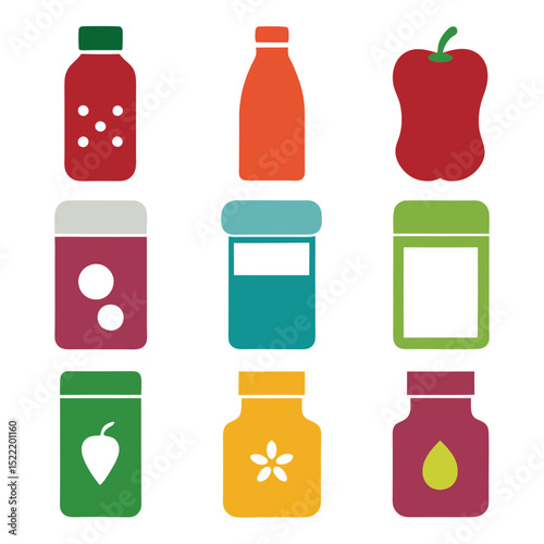 Colorful stylized icons of food and cosmetic jars