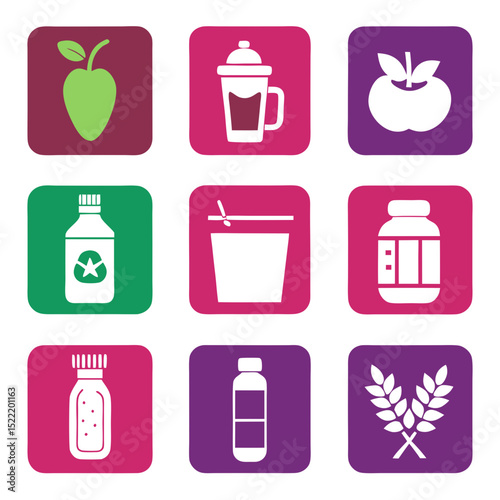 Colorful icons of healthy foods and drinks on display